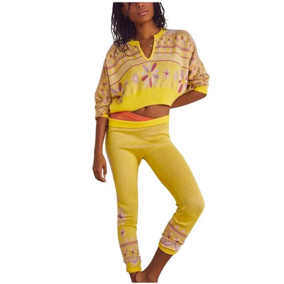 Free People Intimately Loungewear Pajama 2 piece set size S Fair Isle Yellow - Picture 1 of 10